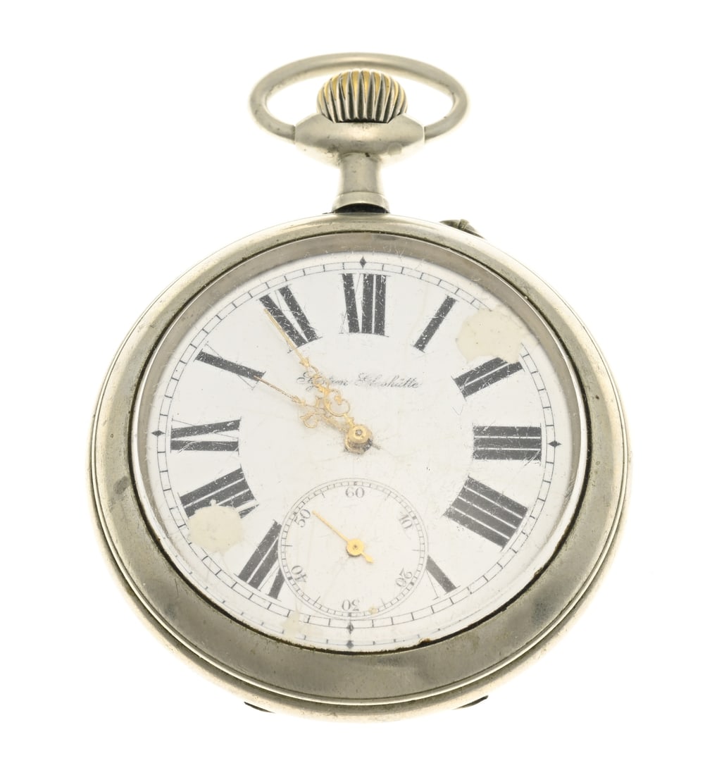 Large pocket watch Glashutte: Large pocket watch, Glashutte, mechanical, with a white enamel dial, Roman numerals, and a decentralized seconds hand. Features a depiction of a steam locomotive on the reverse. Marked on the dust cov