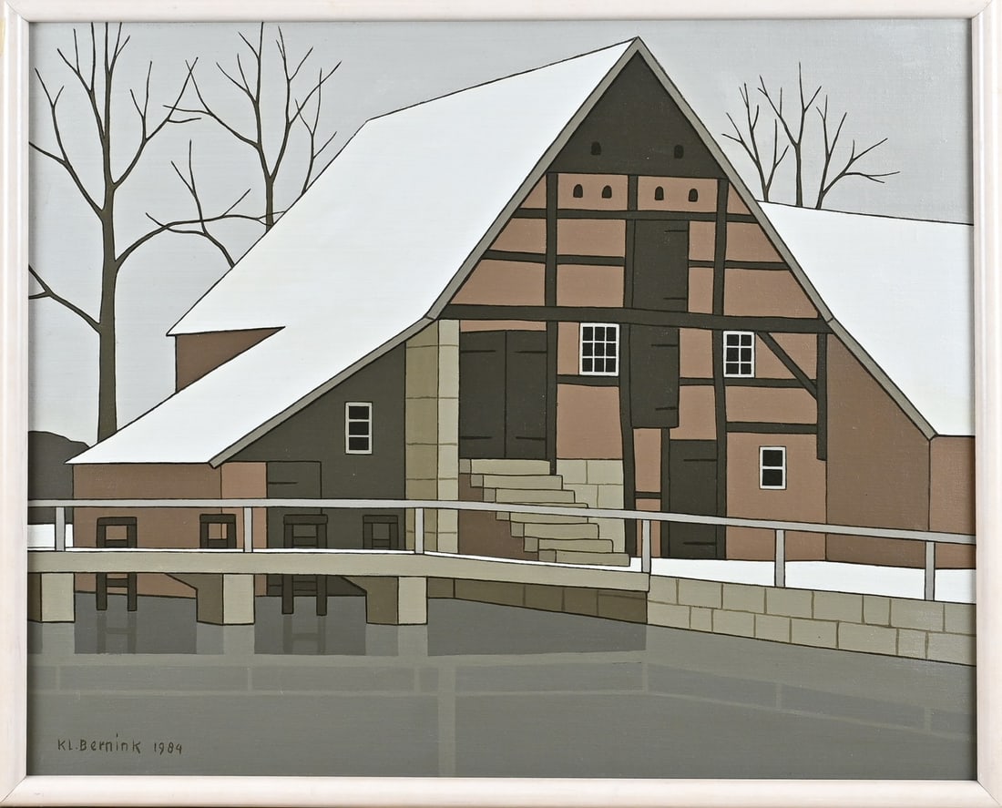 Klaas Bernink, Nienborg Watermill in winter: Klaas Bernink. 1913 - 1996 Glanerbrug. Nienborg Watermill in Winter. Acrylic on linen. Dimensions: H 40 x W 50.5 cm. In good condition.