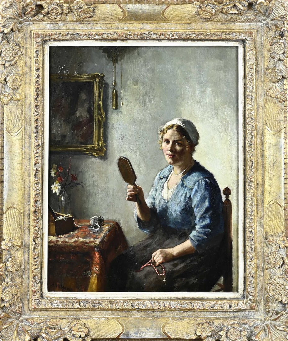 B. de Hoog, Seated lady: Bernard de Hoog. 1866 - 1943. Lady with mirror in an interior. Oil on linen. Dimensions: H 40 x W 30 cm. In good condition.