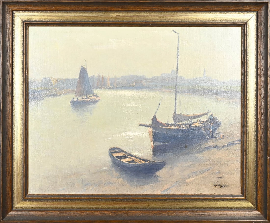 Henk Dekker, Harbor View with Sailboat: Henk Dekker. 1897 - 1974. Harbor scene with figure on sailboat. Oil on canvas. Dimensions: H 40 x W 51 cm. In good condition.