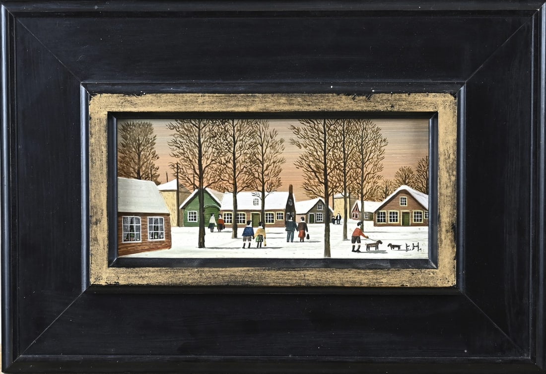Jaap ter Haar, Winter Scene: Jaap ter Haar. 1922 - 1998. Naive art. Winter scene with buildings and figures. Oil on panel. Dimensions: H 10 x W 21 cm. In good condition.