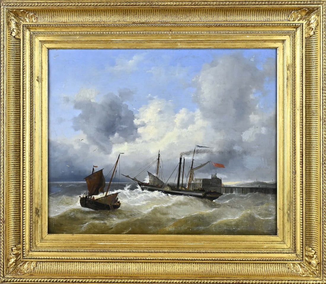 Painting, Harbor entrance with paddle steamer: Painting. Unsigned? 19th century. Harbour entrance with paddle steamer. Oil on canvas. Dimensions: H 36 x W 43 cm. Older restoration. In reasonable condition.
