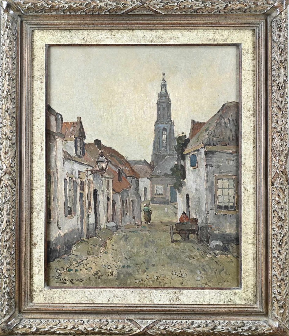 Jan Knikker, Village View: Jan Knikker. 1889 - 1957. Village scene with figures. Oil on canvas. Dimensions: H 50 x W 40.5 cm. In good condition.