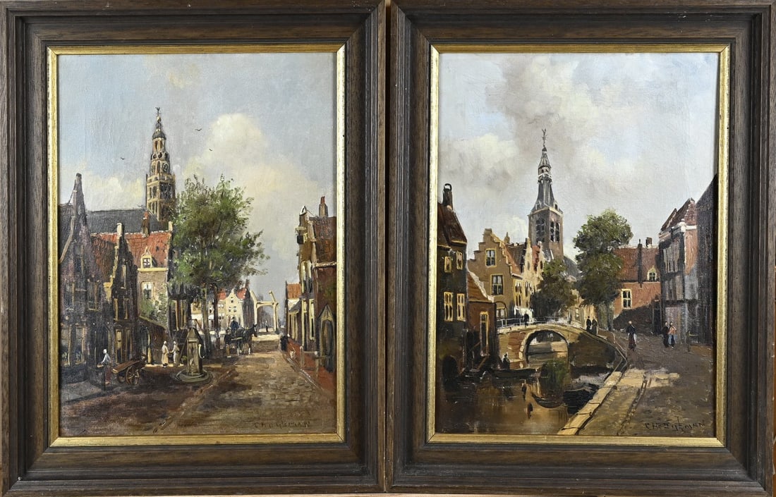 2x Ch. Dijkman, Dutch Cityscapes: Chris Dijkman Pendant. Circa 1920. 2x Dutch city views. Oil on canvas. Dimensions: H 40 x W 50 cm. In good condition.