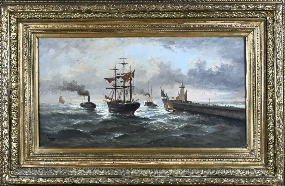 Louis Vernier, Harbor Mouth with Three-Masted Ship: Louis Vernier. 1829–1887. French School. Harbor entrance with three-masted ship. Oil on canvas. Dimensions: H 35 x W 65 cm. In good condition.