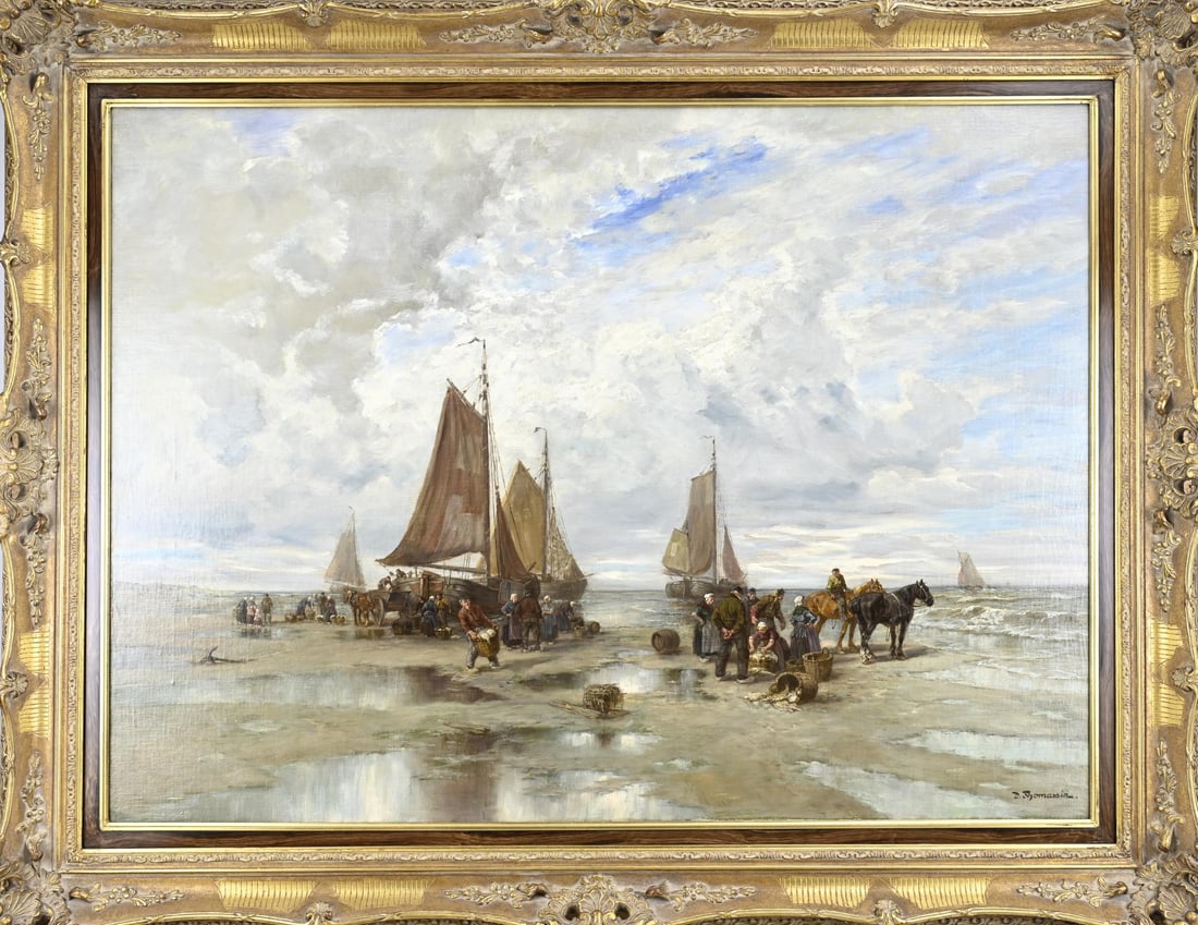 Désiré Thomassin, Scheveningen fishermen: Désiré Thomassin. Austria. 1858 – 1933. Scheveningen fishermen with fishing boats on the beach. Oil on canvas. Marouflé. Dimensions: H 70 x W 95 cm. In good condition.