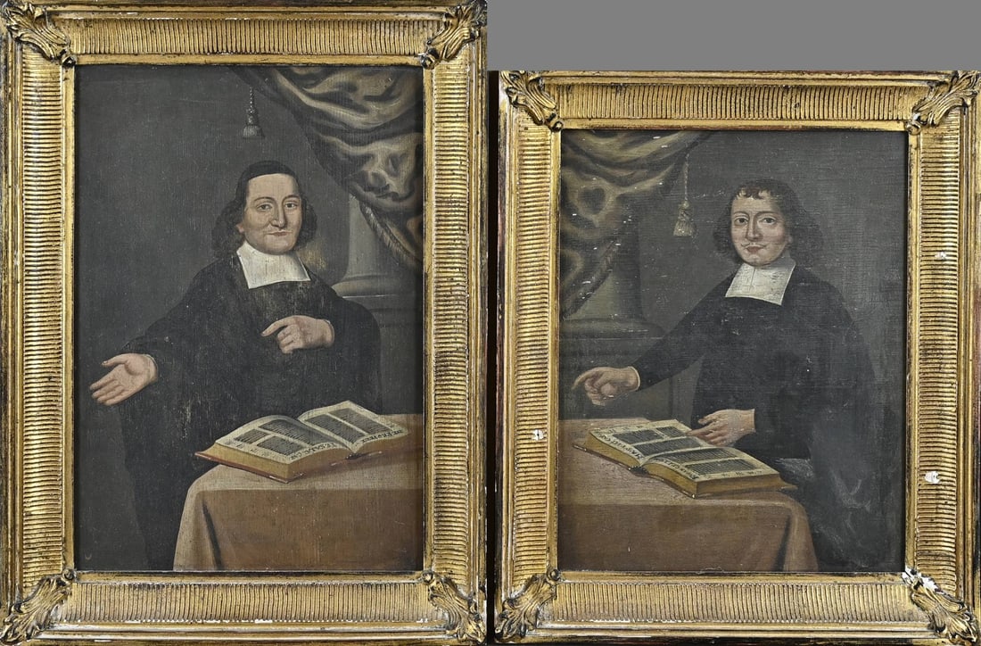 Pendant, Two believers with Holy Evangelical Scripture: Pendant. 18th - 19th century. Two believers with Holy Gospel. Rev. de H. engraved on the verso. Oil on panel. Dimensions: H 33 x 22.5 cm. In good condition.