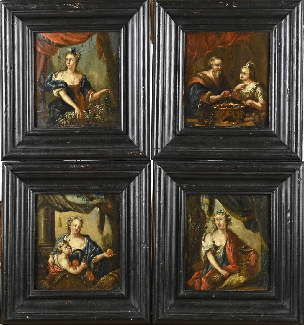 4x Painting, Figures: Four 18th-century paintings. European School. Figurative decoration. Oil on panel. Dimensions: H 16 x W 15 cm. In good condition.