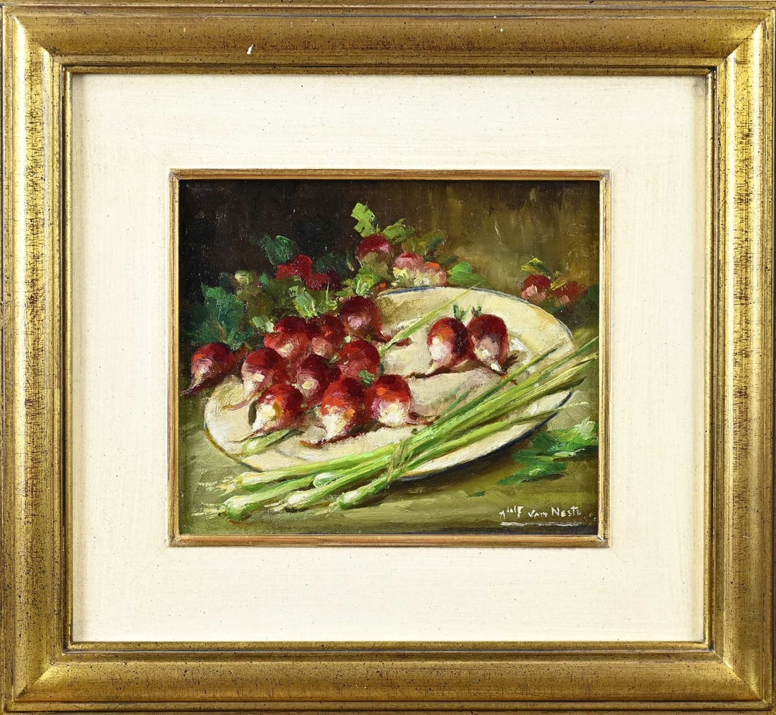 Adolf van Neste, Still Life: Adolf van Neste. 1880 - 1954. Still life with radishes and spring onion. Oil on canvas. Marouflé. Dimensions: H 18 x W 21 cm. In good condition.