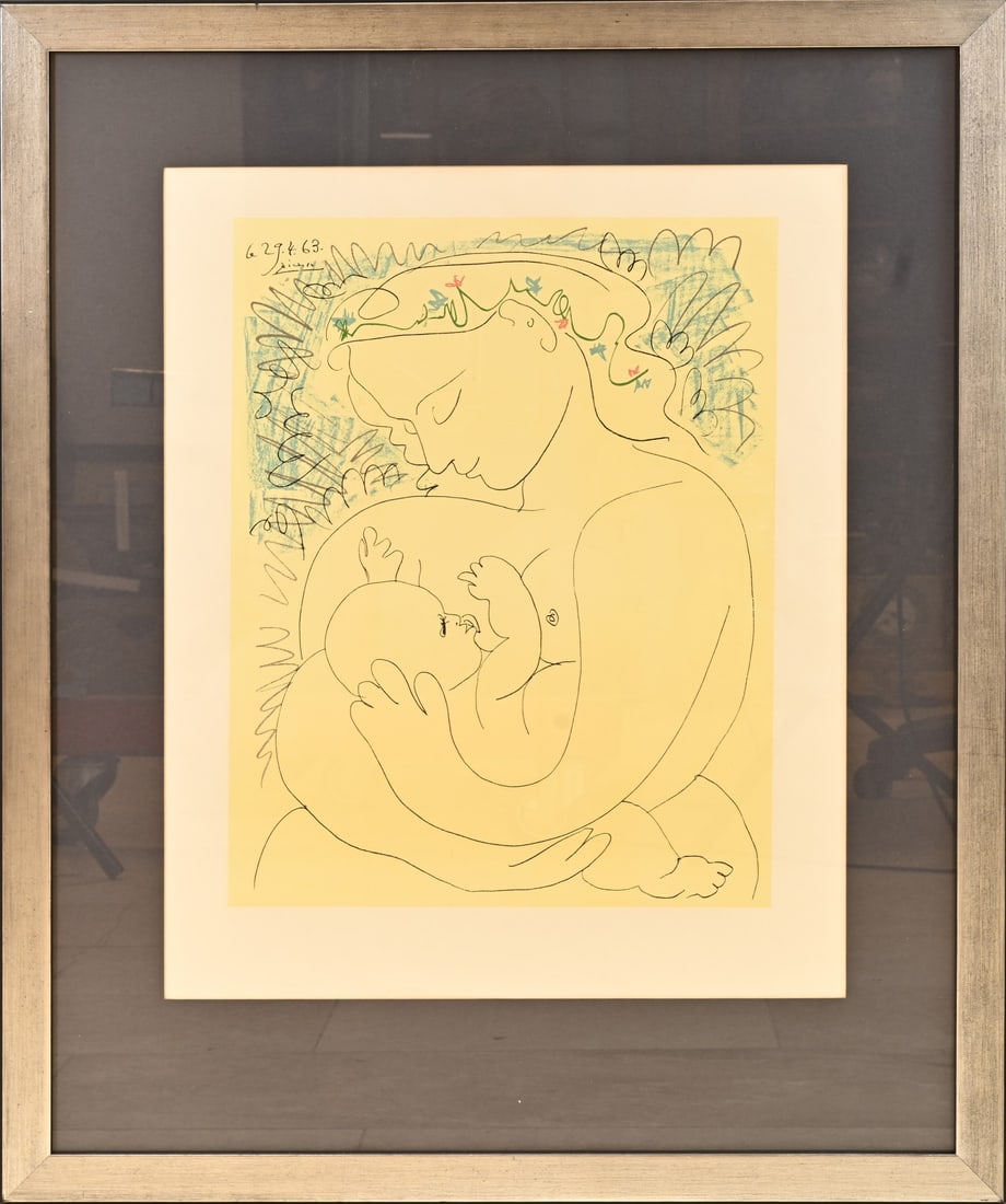 Offset reproduction Pablo Picasso, Mother with Child: Offset lithography, reproduction Maternité by Pablo Picasso. Lithograph on paper. Dimensions: H 63 x W 48 cm. In good condition.