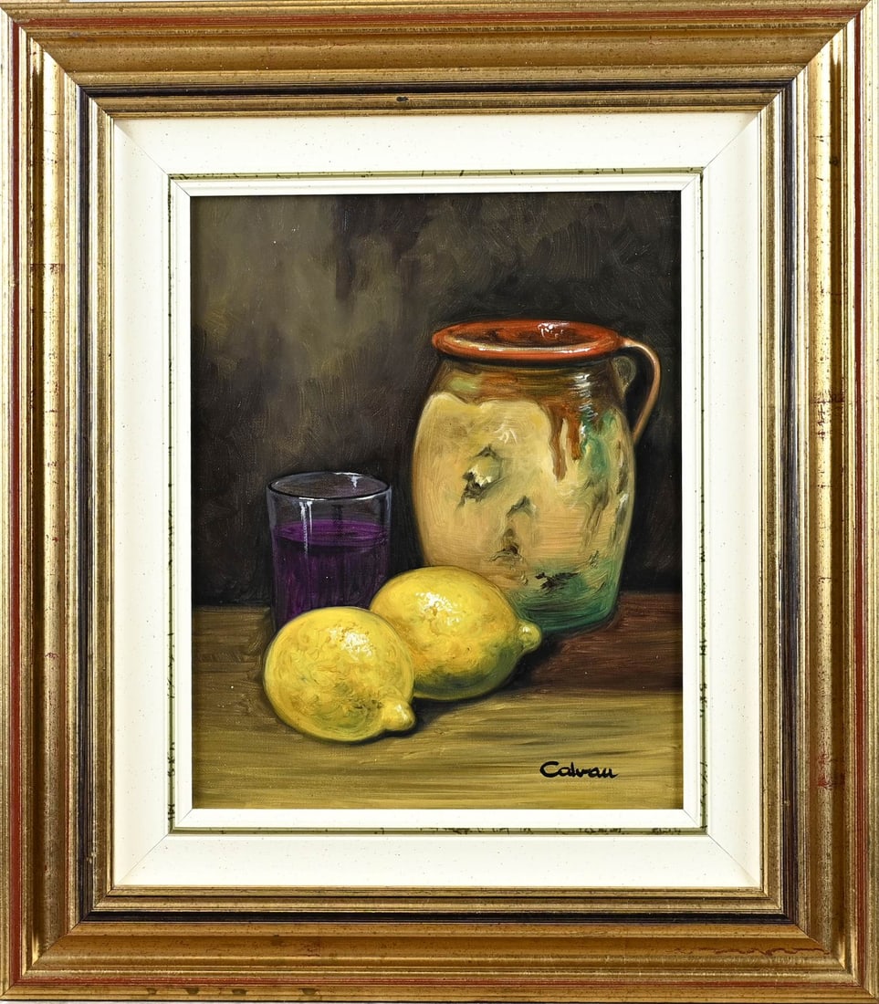 Calvau, Still Life: Calvau. French School. Second half of the 20th century. Still life with lemon and jug. Oil on canvas. Dimensions: H 24 x W 19 cm. In good condition.