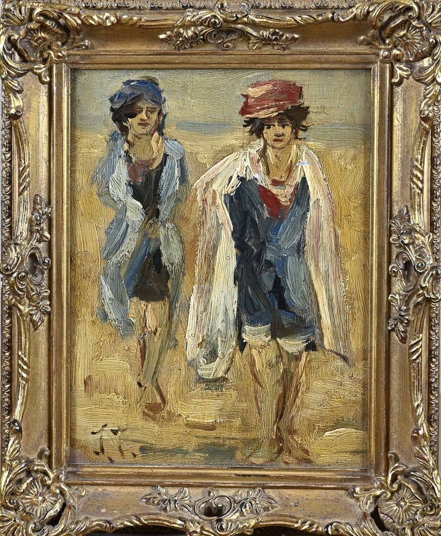 Monogram JJ, Two ladies on the beach: Monogram JJ Dutch School. Two ladies on the beach. Oil on panel. Dimensions: H 24 x W 18 cm. In good condition.