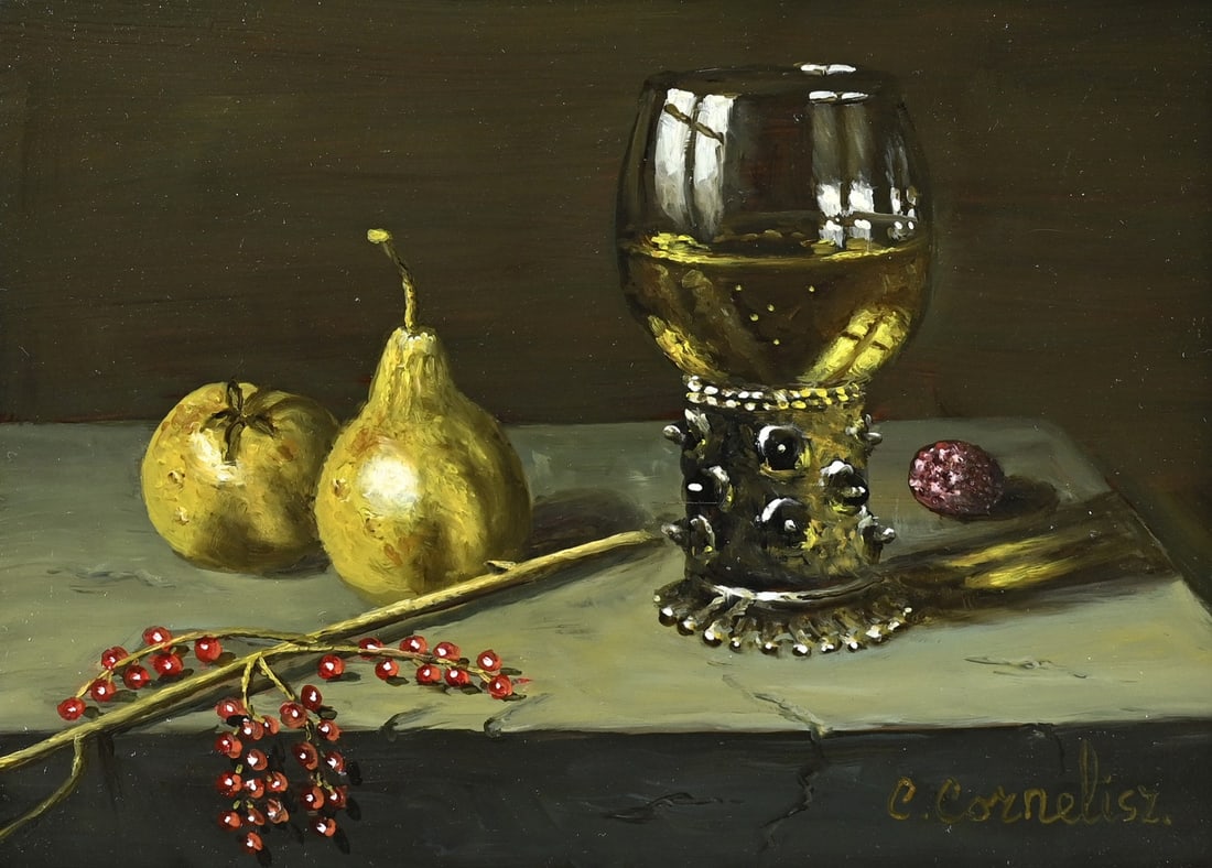 C. Cornelisz, Roemer, pears and berries: C. Cornelisz. 21st Century. Still life with Roemer, pears and berries. Oil on panel. Dimensions: H 13 x W 18 cm. In good condition.