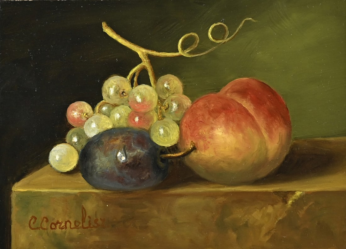 C. Cornelisz, Fruit Still Life: C. Cornelisz. 21st Century. Still Life. Fruit on a marble tabletop. Oil on panel. Dimensions: H 13 x W 18 cm. In good condition.