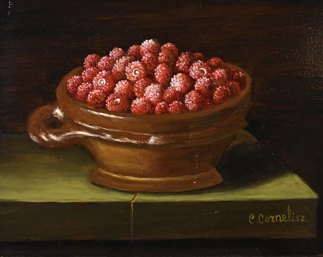 C. Cornelisz, Stoneware bowl with raspberries: C. Cornelisz. 21st Century. Antique stoneware bowl with raspberries. Oil on panel. Dimensions: H 20 x W 25 cm. In good condition.