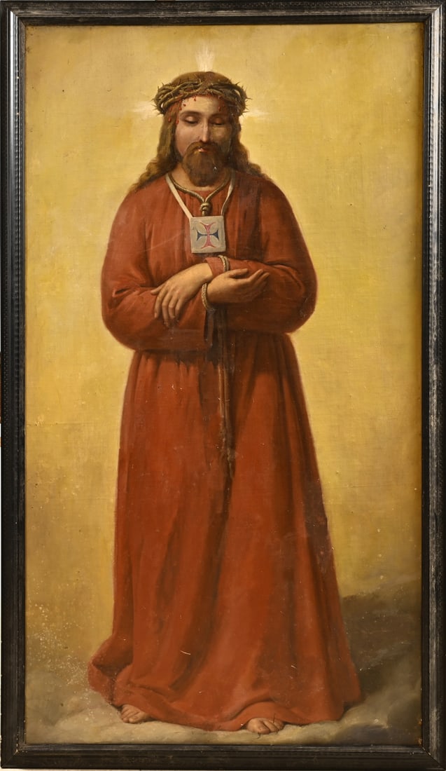 Painting, Religious: Painting. Unsigned. Jesus Christ. Circa 1900. Some restorations. Oil on canvas. Marouflé. Dimensions: H 130 x W 70 cm. In fair/good condition.