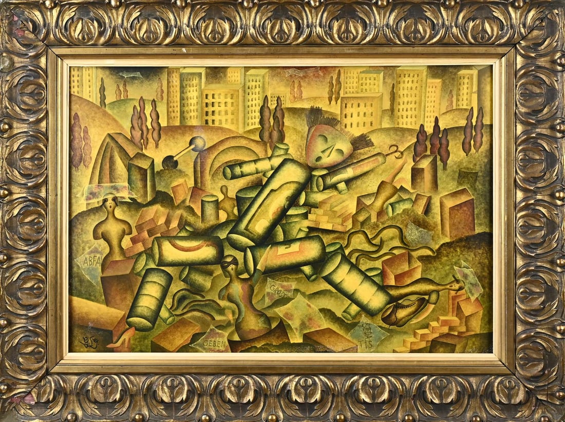 Gisela Sedatis Grosser, Cityscape/fantasy figures: Gisela Sedatis Grosser. German School. Cityscape with fantasy figures. Oil on board. Dimensions: H 50 x W 70 cm. In good condition.