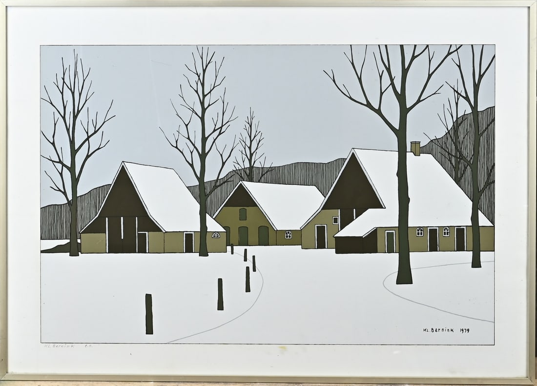Klaas Bernink (lithograph), Farm in Denekamp in the snow: Lithograph, 1979. Klaas Bernink. 1913 - 1996 Glanerbrug. Artist's Proof. Farmhouse in Denekamp in the snow. Lithograph on paper. Dimensions: H 40 x W 60 cm. In good condition.