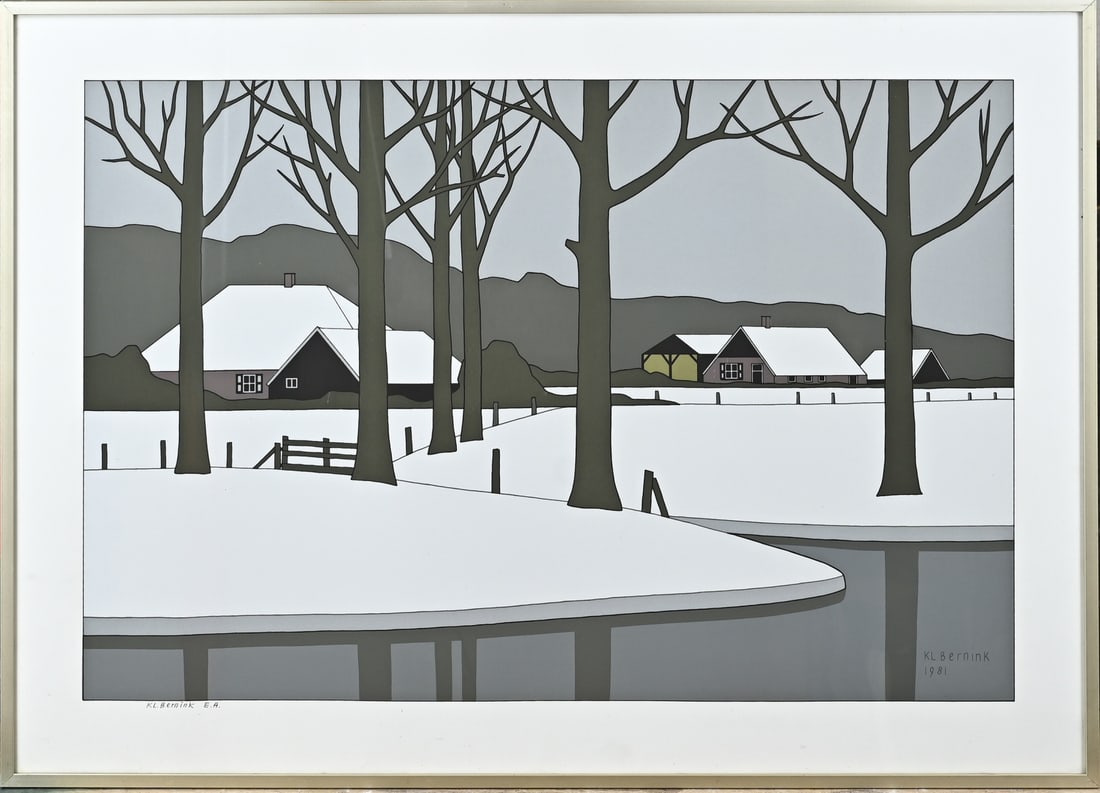 Klaas Bernink (lithograph), Twickel Farms in the Snow: Lithograph, 1981. Klaas Bernink, 1913 - 1996 Glanerbrug. Artist's Proof. Twickel Farms in the Snow. Lithograph on paper. Dimensions: H 40 x W 60 cm. In good condition.