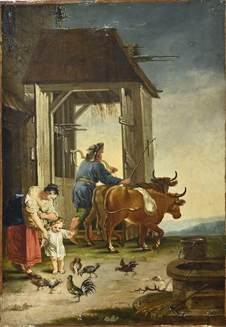 Painting, Figures at the stable: Unsigned? 19th century. Figures by a stable with cattle. Oil on canvas. Older restoration. Dimensions: H 64 x W 43 cm. In fair/good condition.