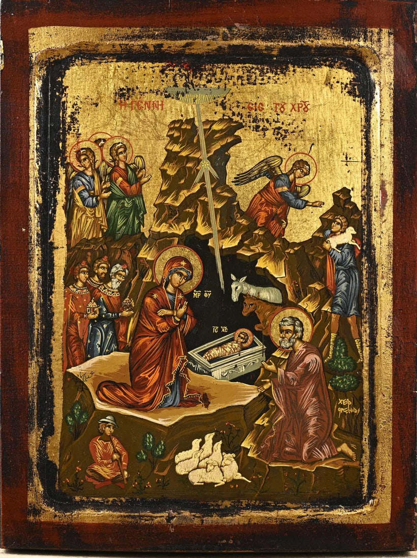 Icon: Old Russian icon. Hand-painted + gold leaf. Second half of the 20th century. Dimensions: H 31 x W 23.5 cm. In good condition.