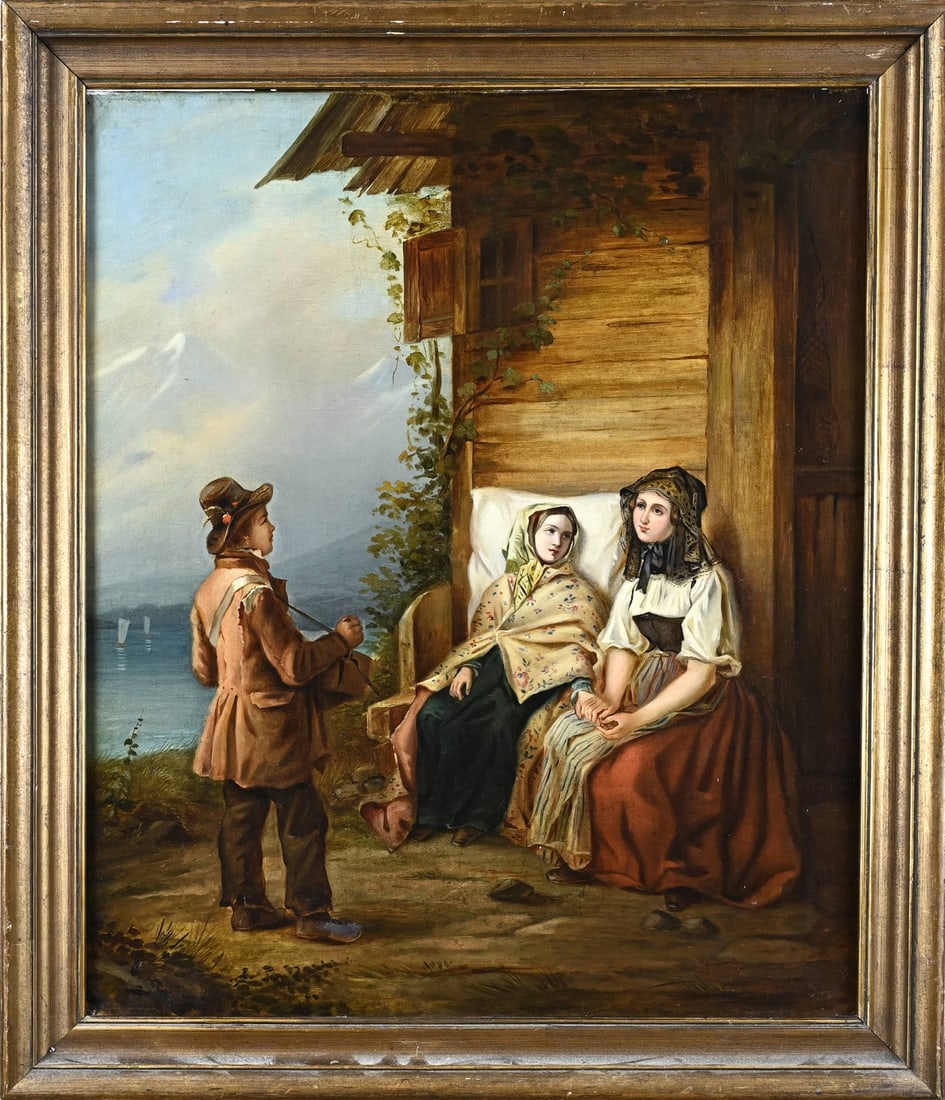 Painting, depiction of South German figures: Unsigned. 19th Century. German School. Depiction of South German figures in traditional costume. Oil on canvas. Dimensions: H 65 x W 55 cm. In good condition.