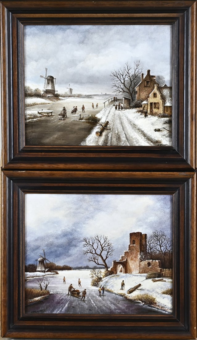 2x A. Reuvers, Winter Scenes: Pendant, Anton Reuvers. Enschede, 1937 - 2020. Two winter scenes enjoying the ice. Oil on panel. Dimensions: H 24 x W 30 cm. In good condition.