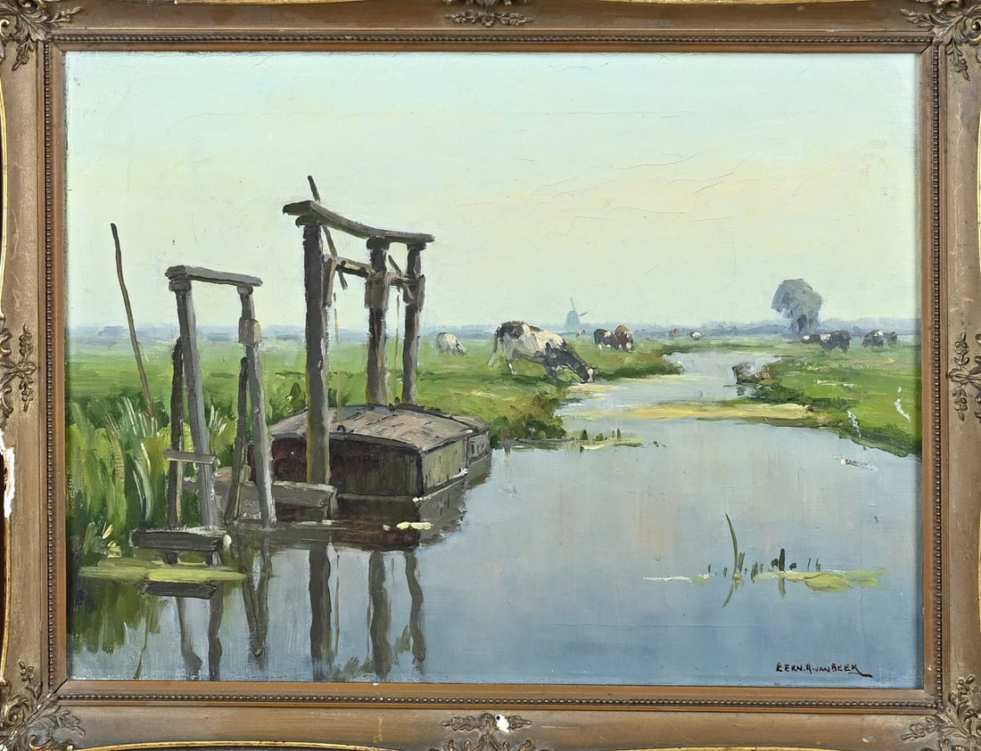 BA van Beek, Dutch summer landscape: Bernard Antonie van Beek. 1875 - 1941. Dutch summer landscape with cows. Oil on canvas. Dimensions: H 30 x W 41 cm. In good condition.