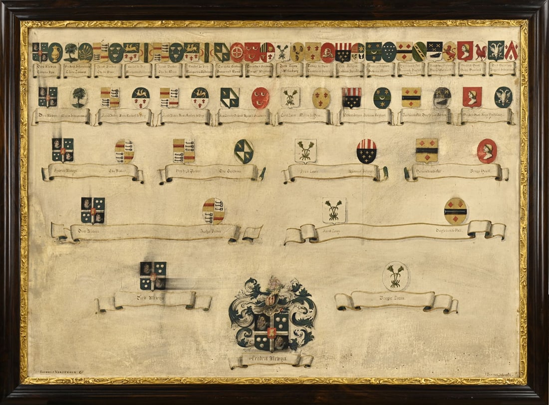 Antique family tree: Antique noble family tree. 17th Century? Helwijn family, descended from Dirk Helwijn and Bregje Boten. Created by Jacobus Verstegen + J. Bijvoet scriptum. Dimensions: H 62 x W 88 cm. In good
