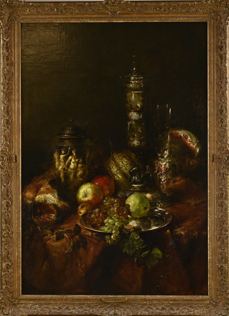 LA Kunz, Still Life: Ludwig Adam Kunz. 1857 - 1929. German School. Ornate still life with various fruits. Oil on canvas. Dimensions: H 100 x W 70 cm. In good condition.
