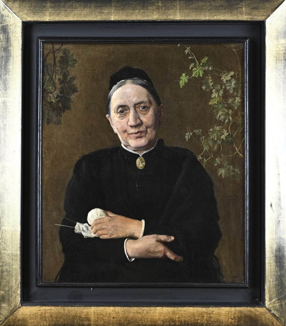 Monogram CPD, Lady in traditional costume: Monogram CPD. Circa 1900. Verso Ron Dolken Dinoug? Lady in traditional costume with wool and knitting needles. Oil on linen. Dimensions: H 57 x W 50 cm. In good condition.