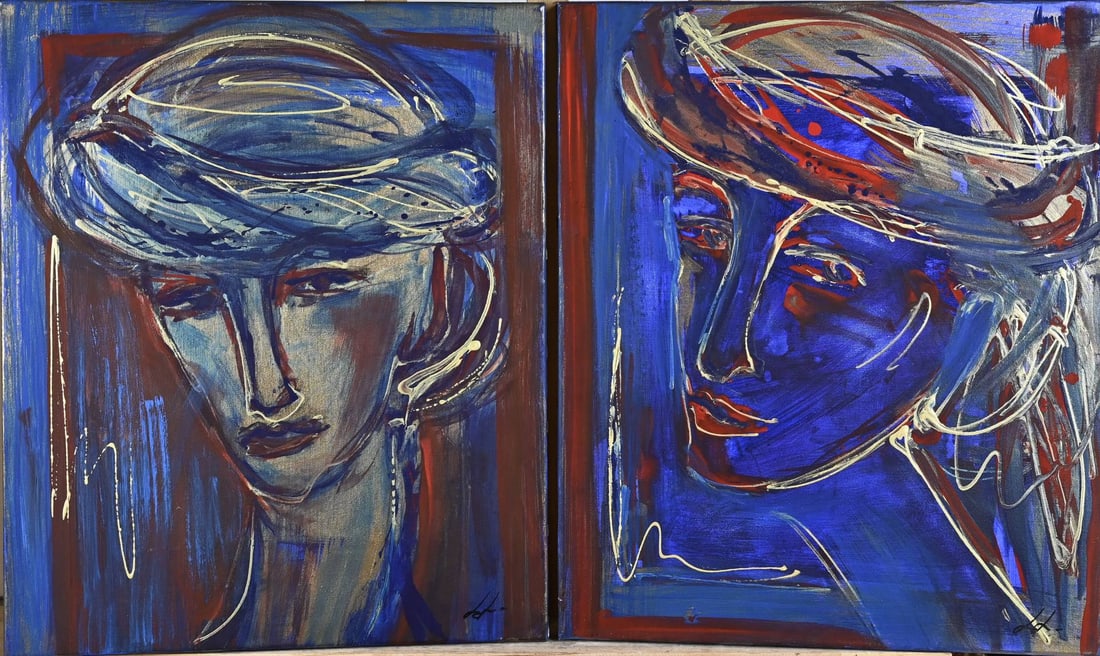 Diptych Lilian Luiten, 2 Ladies' Portraits: Diptych by Lilian Luiten (Enschede). 1944 - 2012. Two portraits of ladies. Acrylic on canvas. Dimensions: H 60 x W 50 cm. In good condition.