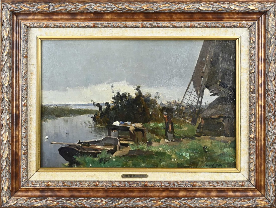 Jan Knikker Sr., Polder Landscape: Jan Knikker Sr. 1889 - 1957. Polder landscape with farmer's wife and windmill. Oil on canvas. Marouflé. Dimensions: H 32 x W 47 cm. In good condition.