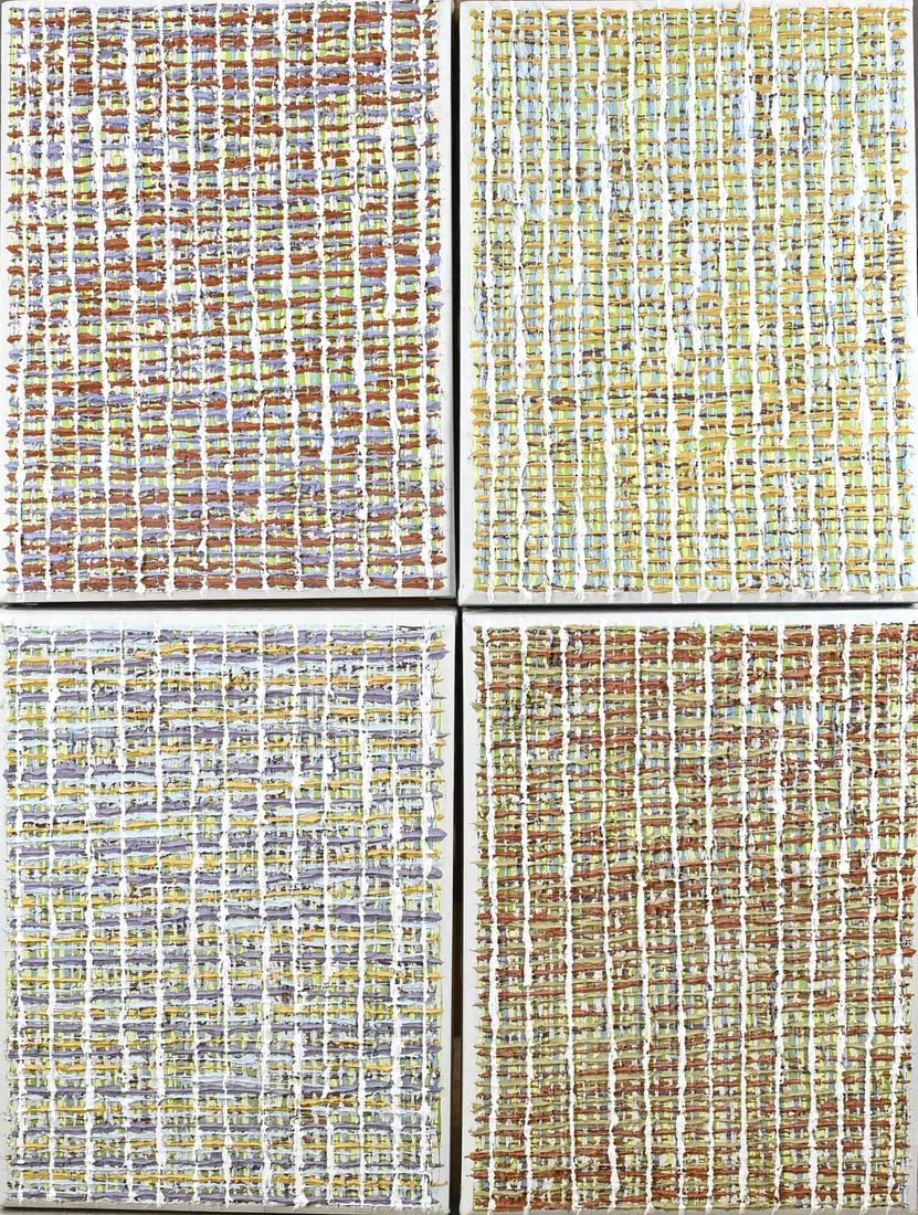 Zivojin Celic, 4-part series: Zivojin Celic. 1954 - 2020. Four-panel painting. Four abstract modern representations in harmony. Acrylic on linen. Dimensions: H 60 x W 47 cm. In good condition.