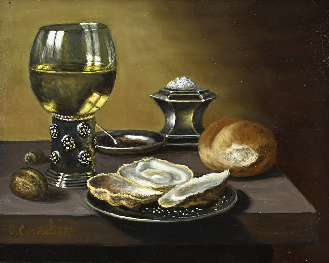 C. Cornelisz, Still Life with Goblet, Oysters and Bread: C. Cornelisz. 21st Century. Still life with Roemer, oysters, and bread. Oil on panel. Dimensions: H 20 x W 25 cm. In good condition.