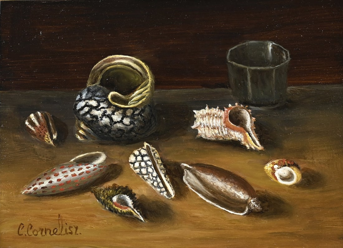 C. Cornelisz, Shells: C. Cornelisz. 21st Century. Still life with shells. Oil on panel. Dimensions: H 13 x W 18 cm. In good condition.