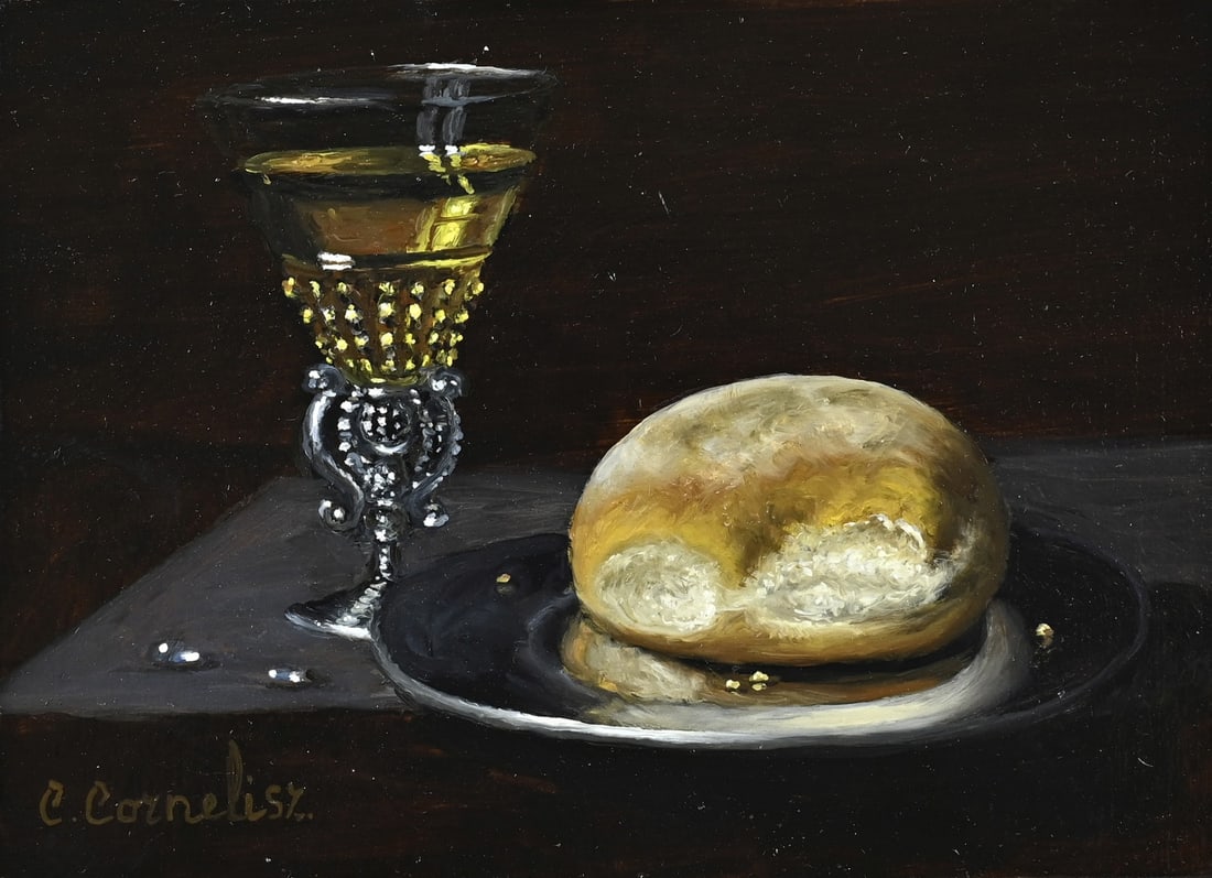 C. Cornelisz, Roemer, bread on a pewter plate: C. Cornelisz. 21st Century. Still life with Roemer and bread on a pewter plate. Oil on panel. Dimensions: H 13 x W 18 cm. In good condition.