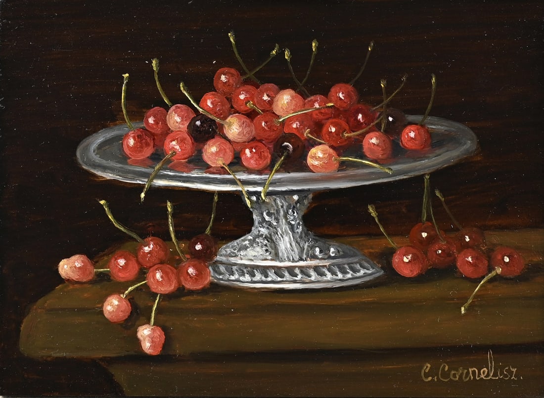C. Cornelisz, Tazza with blueberries: C. Cornelisz. 21st century. Tazza with blueberries. Oil on panel. Dimensions: H 13 x W 18 cm. In good condition.