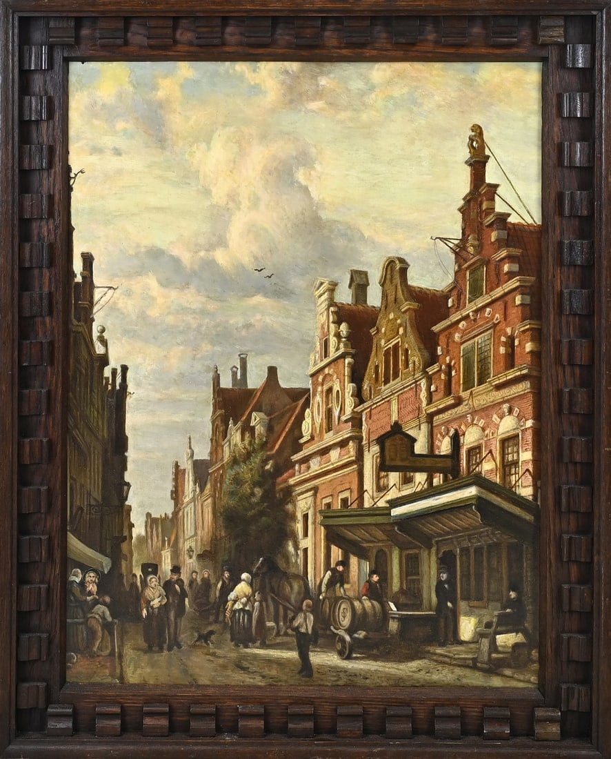 Painting, Dutch city view: Painting. Dutch School. Circa 1880. Dutch city view with figures. Oil on panel. Dimensions: H 67 x W 49 cm. In good condition.