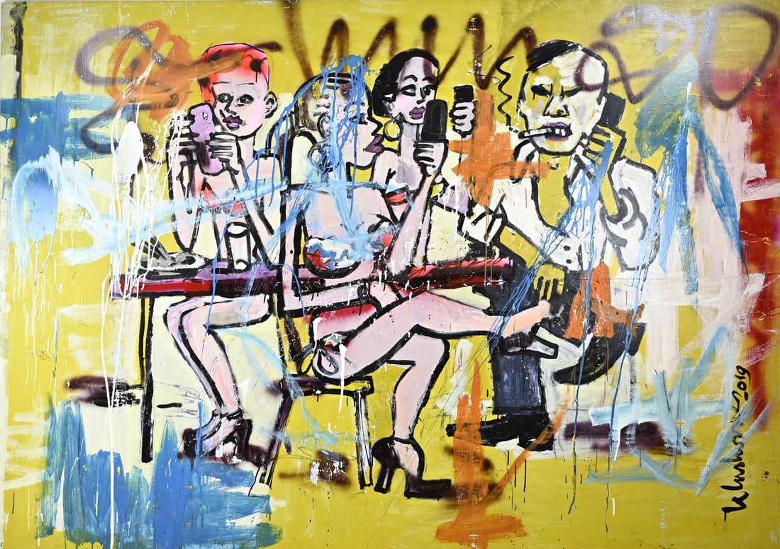 Peter Klashorst, Musical figures in a bar: Very large work by Peter Klashorst, 2019. 1957 - 2024. Musical figures in a bar. Acrylic on linen. Dimensions: H 162 x 230 cm. In good condition.
