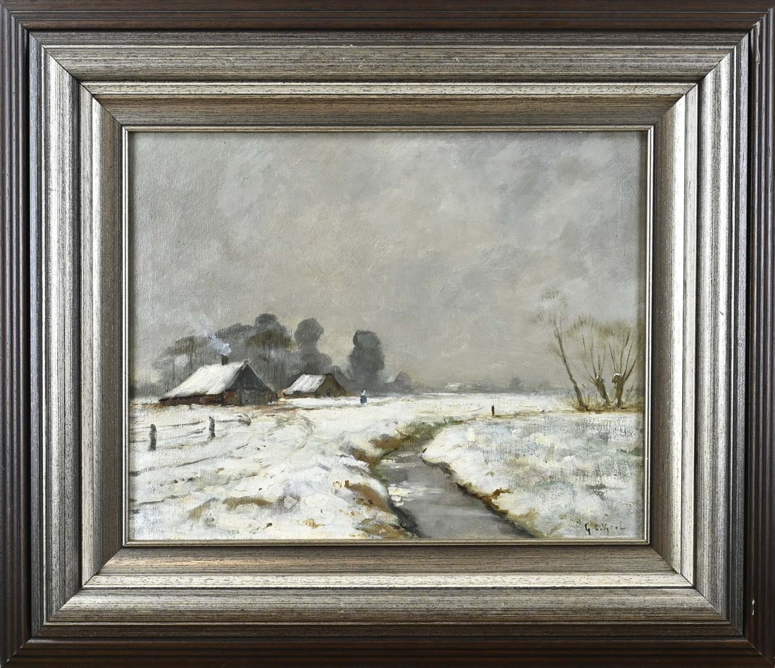 Gerard Cornelis Krol, Twente farmhouse in the snow: Gerard Cornelis Krol. Twente farmhouse in the snow, with farmer's wife. Oil on linen. Dimensions: H 39 x W 48 cm. In good condition.