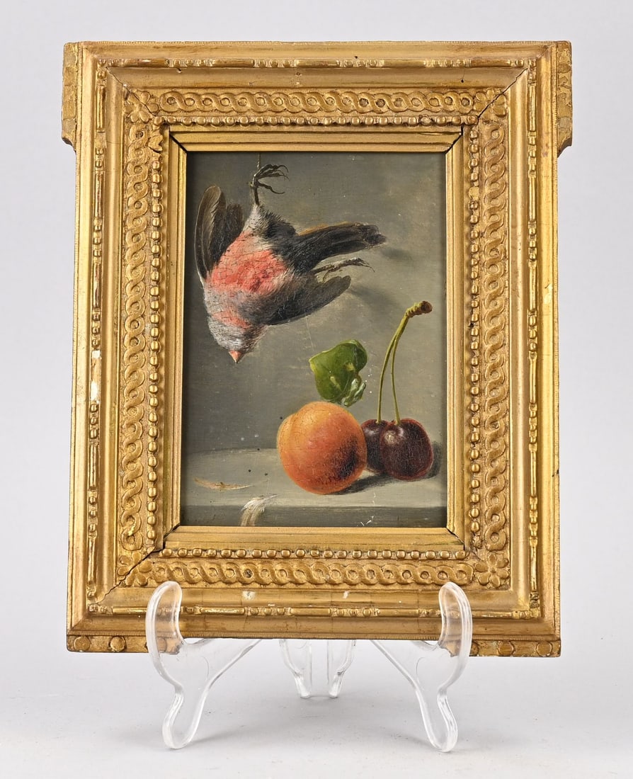 Monogram AB, Bird with apricot and cherries: Monogram AB 19th Century. Verso A. Bloemers. Bird with apricot and cherries. Oil on panel. Dimensions: H 15.5 x W 12 cm. In good condition.