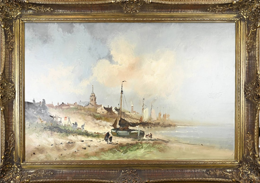 Painting, Coastal town (Katwijk?): Painting. Signed indistinctly. Coastal town, Katwijk?. Oil on canvas. Dimensions: H 60 x W 90 cm. In good condition.