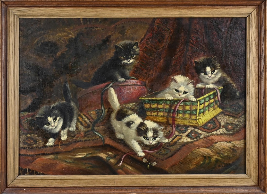 A. v/d Heijden, Playing kittens: A. v/d Heijden. Dutch School. 20th Century. Still life with playing kittens. Oil on canvas. Dimensions: H 50 x W 70 cm. In good condition.