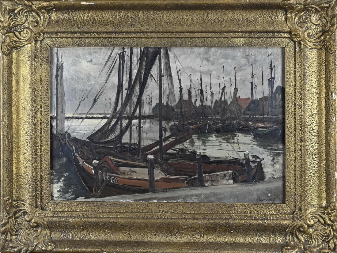 Hoorweg, Volendam Harbor: Hoorweg. Circa 1920. View of Volendam Harbour. Oil on canvas. Dimensions: H 40 x W 60 cm. In good condition.