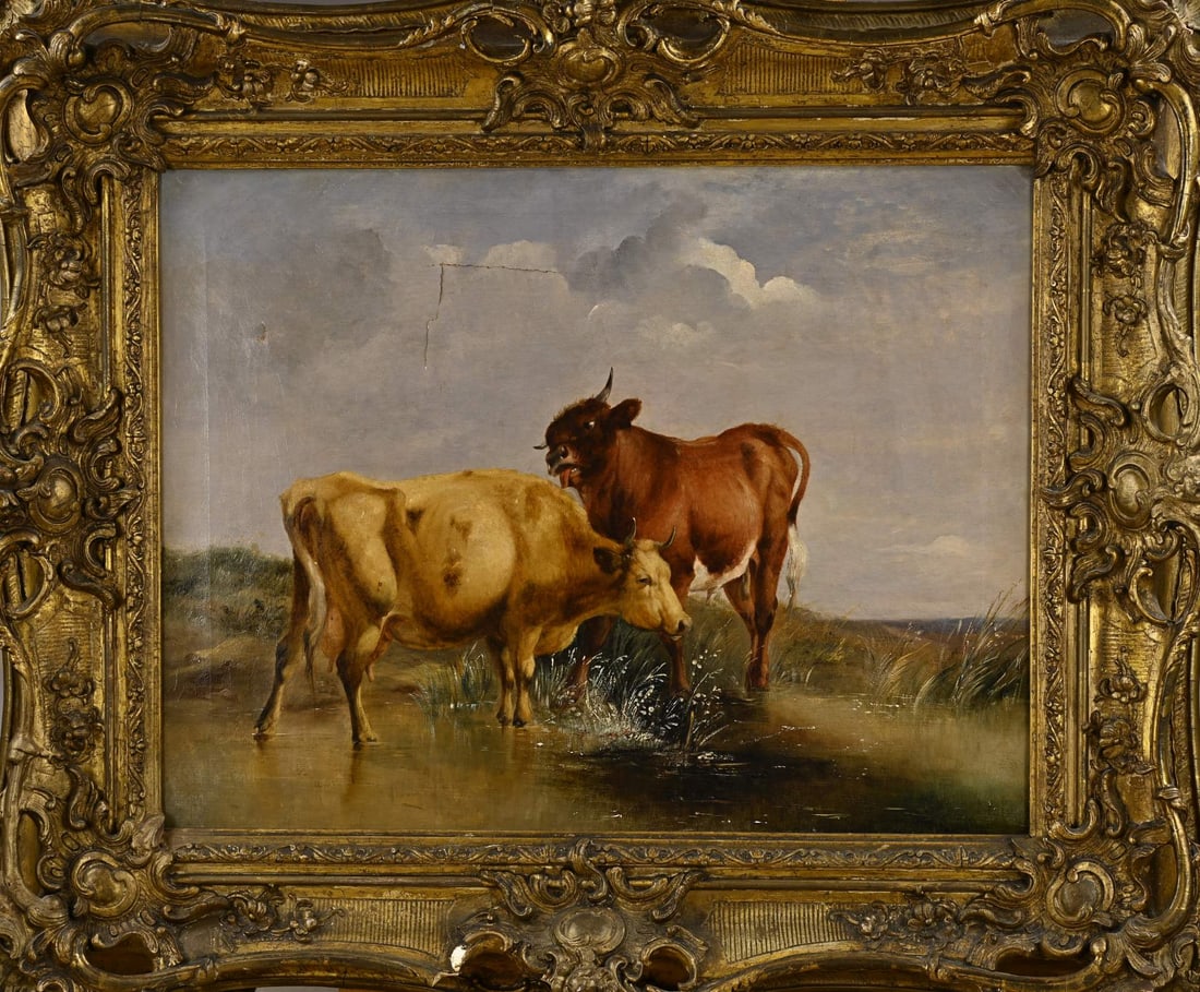 Painting, Cows in a meadow: Painting. Unsigned? 19th century. Two cows in a meadow. Oil on canvas. Dimensions: H 51 x W 67 cm. Damaged. In fair condition.