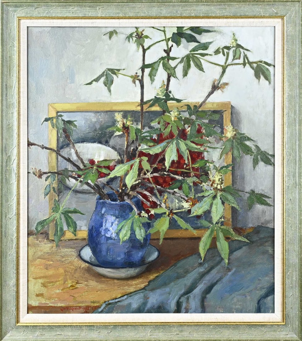 Leo Vierhout, Still Life: Leo Vierhout. 1922 - 2003 Almelo. Still life. Oil on canvas. Dimensions: H 75 x W 65 cm. In good condition.
