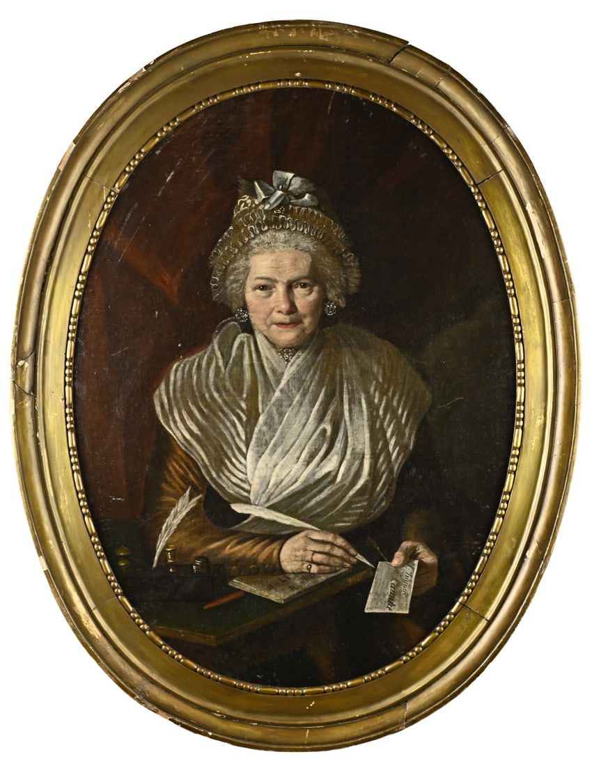 2x Painting, 2x Oval portrait: Two 18th-19th century oval portraits by L. Hijmen. Dimensions: H 78 x W 58 cm. Older restorations. In reasonable condition.