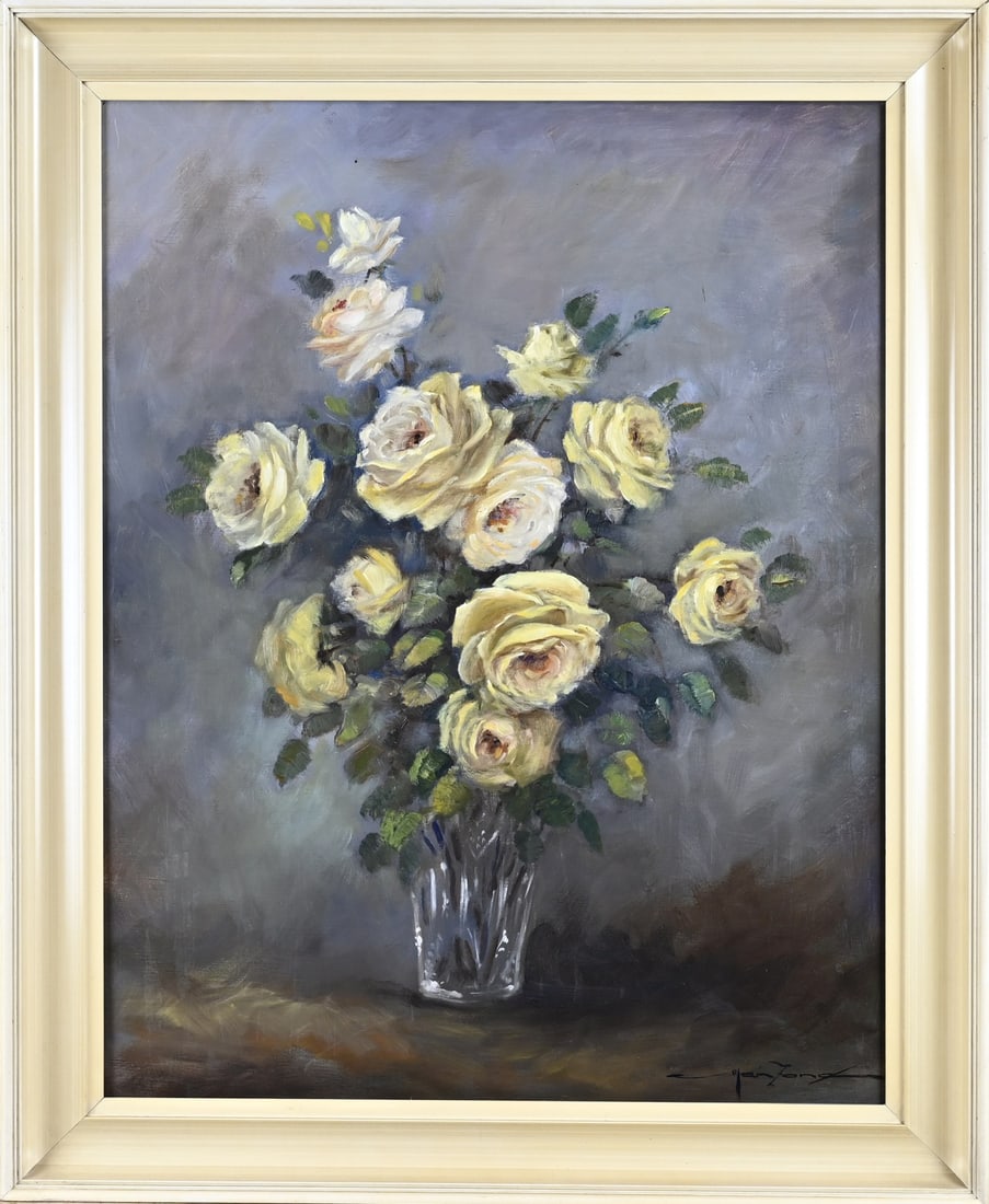 Pierre Manzone, Vase with roses: Pierre Manzone. 1915 - 2005. French School. Vase with roses. Oil on canvas. Dimensions: H 65 x W 50 cm. In good condition.