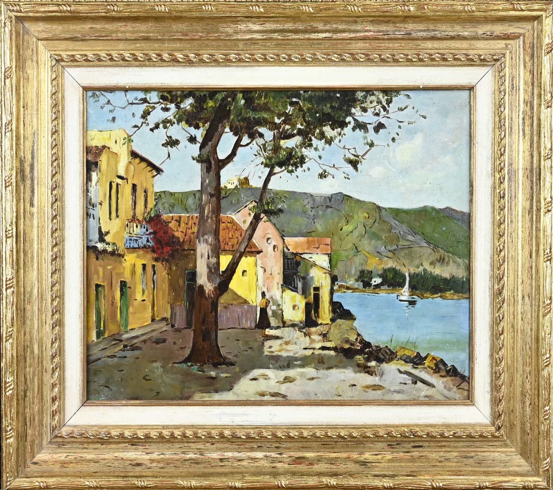 Painting, Woman at home on the coast: Unsigned. Italian School. Woman at a house on the coast. Oil on panel. Dimensions: H 35 x W 46 cm. In good condition.